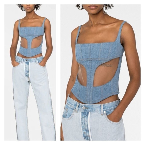 MUGLER denim blue corset bodice top size 14 bustier cut-out crop sheer new NWT - Picture 1 of 16